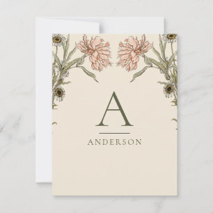 Blush Pink Vintage Watercolor Floral Monogram Note Card