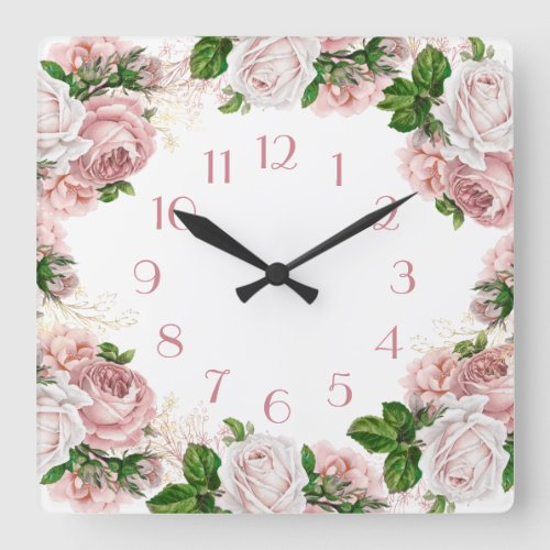 Blush Pink Vintage Watercolor Floral White Square Wall Clock