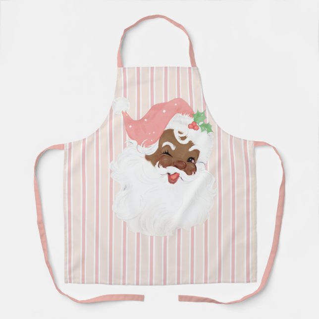 Blush Pink Vintage Winking Black Santa Christmas Apron (Front)