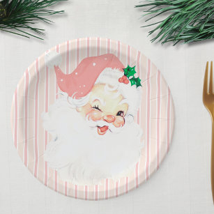 Blush Pink Vintage Winking Santa Christmas Party Paper Plates