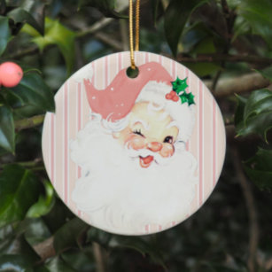 Blush Pink Vintage Winking Santa Christmas Tree Ceramic Ornament