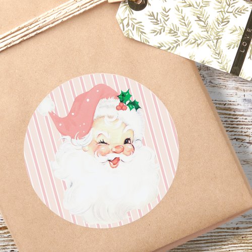 Blush Pink Vintage Winking Santa Claus Christmas Classic Round Sticker