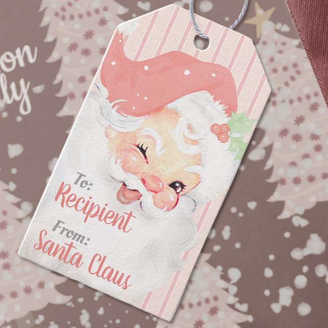 Blush Pink Vintage Winking Santa Claus Christmas Gift Tags (Creator Uploaded)