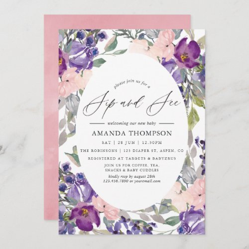 Blush Pink Violet and Plum Floral Sip and See Invitation