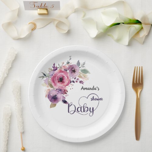 Blush Pink Violet Floral Watercolor Girl Shower Paper Plates