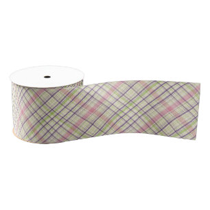 Blush Pink Violet Purple Lime Green Tartan Pattern Grosgrain Ribbon