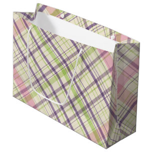 Blush Pink Violet Purple Lime Green Tartan Pattern Large Gift Bag