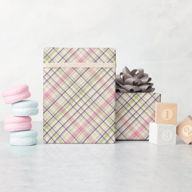 Blush Pink Violet Purple Lime Green Tartan Pattern Wrapping Paper (Baby Shower)