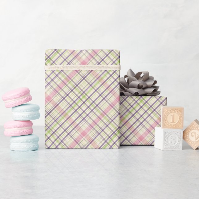 Blush Pink Violet Purple Lime Green Tartan Pattern Wrapping Paper (Baby Shower)
