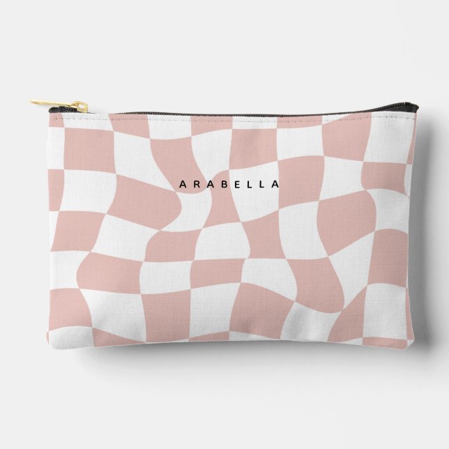 Blush Pink Warped Checkerboard Accessory Pouch (Front)