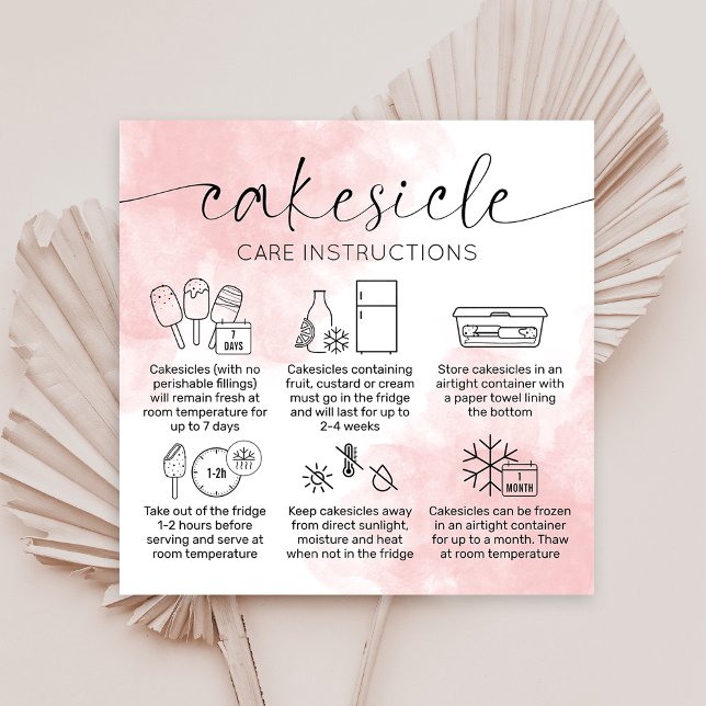 Blush Pink Waterbrush Cakesicles Bakery Care Guide Square Business Card (Creator Uploaded)