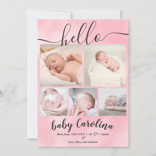 blush pink watercolor 5 grid photo baby girl birth announcement