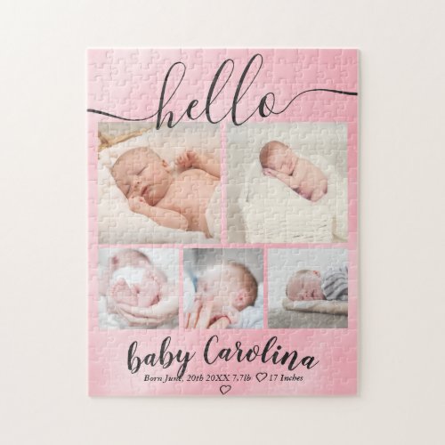 blush pink watercolor 5 grid photo baby girl birth jigsaw puzzle