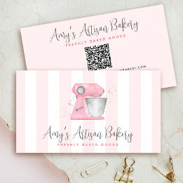 Blush Pink Watercolor Bakery Mixer QR Code Stripes Business Card