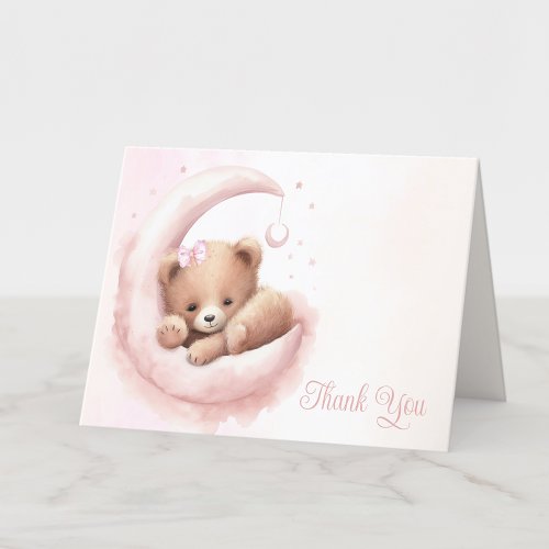 Blush Pink Watercolor Bear Girl Baby Shower Thank You Card
