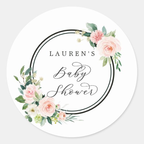 Blush Pink Watercolor Bloom Baby Shower Classic Round Sticker