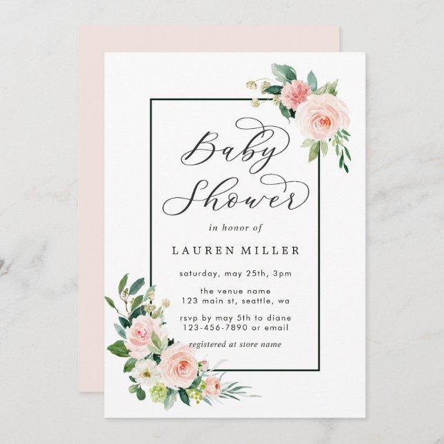 Blush Pink Watercolor Bloom Baby Shower Invitation (Front/Back)