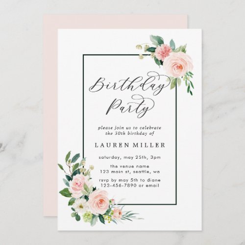 Blush Pink Watercolor Bloom Birthday Party Invitation