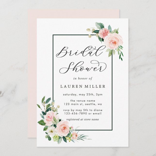 Blush Pink Watercolor Bloom Bridal Shower Invitation (Front/Back)