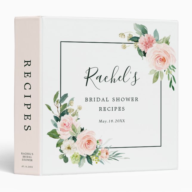 Blush Pink Watercolor Bloom Bridal Shower Recipes 3 Ring Binder (Front/Spine)