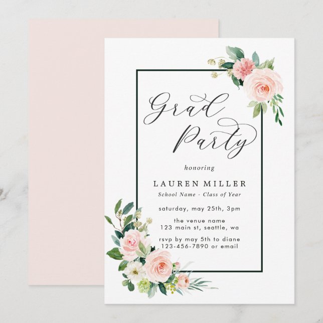 Blush Pink Watercolor Bloom Graduation Party Invitation (Front/Back)