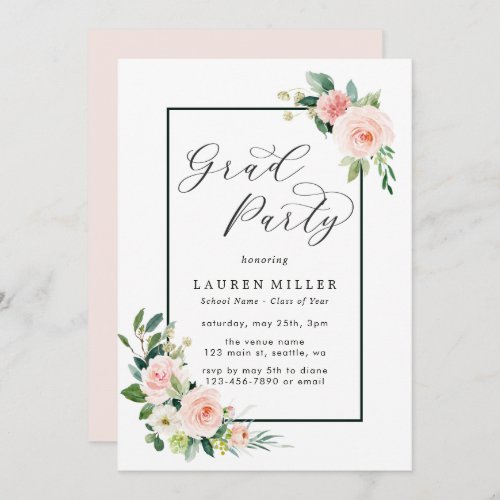 Blush Pink Watercolor Bloom Graduation Party Invitation