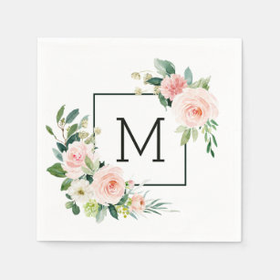 Blush Pink Watercolor Bloom Monogram Napkins