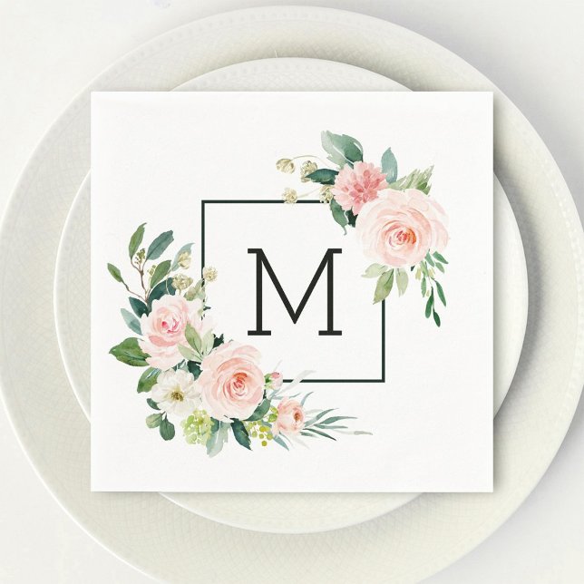Blush Pink Watercolor Bloom Monogram Napkins (Creator Uploaded)
