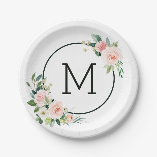 Blush Pink Watercolor Bloom Monogram Paper Plates