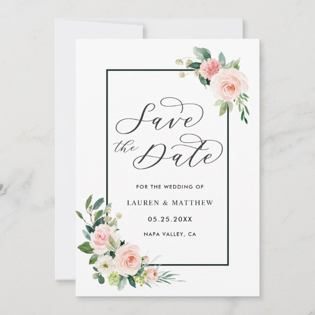 Blush Pink Watercolor Bloom Wedding Save the Date (Front)