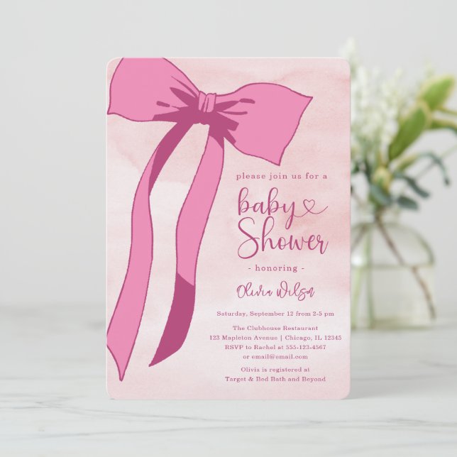 Blush Pink Watercolor Bow Baby Shower Invitation (Standing Front)