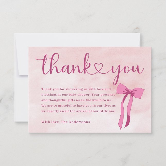 Blush Pink Watercolor Bow Baby Shower Thank You  (Front)