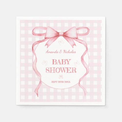 Blush Pink Watercolor Bow Gingham Baby Girl Shower Napkins