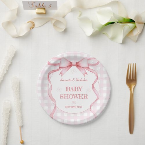 Blush Pink Watercolor Bow Gingham Baby Girl Shower Paper Plates