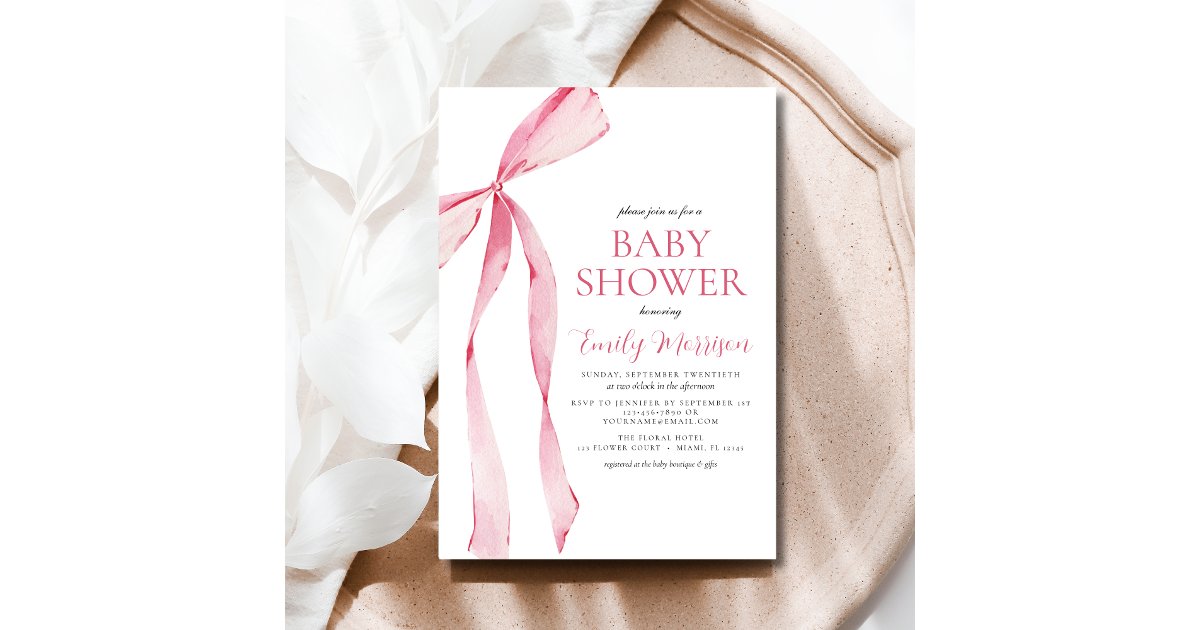 Blush Pink Watercolor Bow Girl Baby Shower Invitation | Zazzle