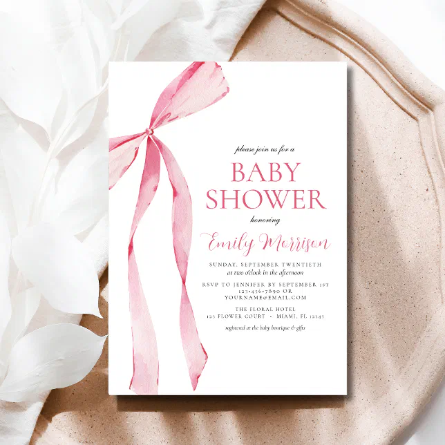 Blush Pink Watercolor Bow Girl Baby Shower Invitation | Zazzle