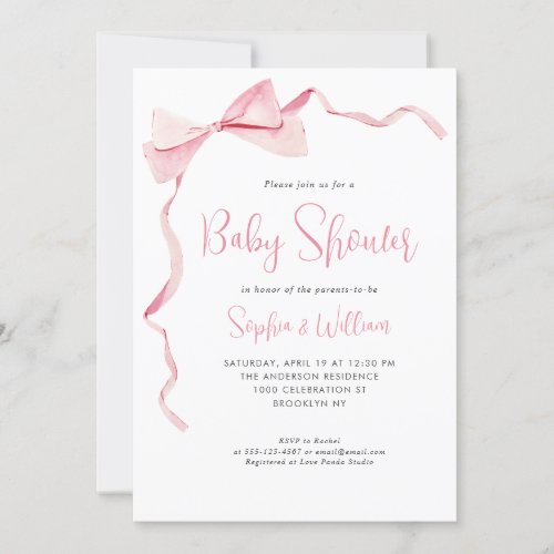 Blush Pink Watercolor Bow Ribbon Girl Baby Shower Invitation