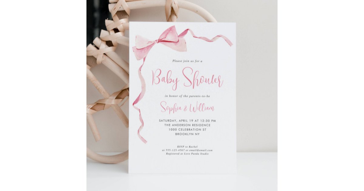 Blush Pink Watercolor Bow Ribbon Girl Baby Shower Invitation | Zazzle