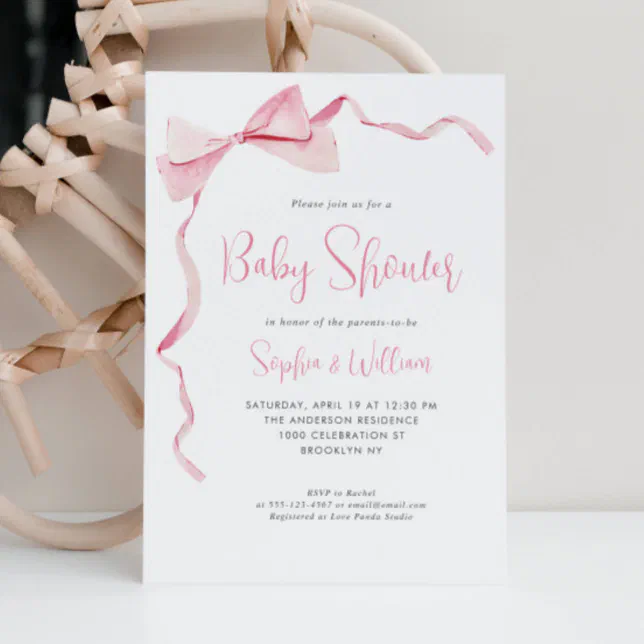Blush Pink Watercolor Bow Ribbon Girl Baby Shower Invitation | Zazzle