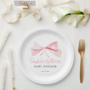 Blush Pink Watercolor Bow Ribbon Girl Baby Shower Paper Plates