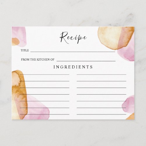 Blush Pink Watercolor Bridal Shower Recipe Card