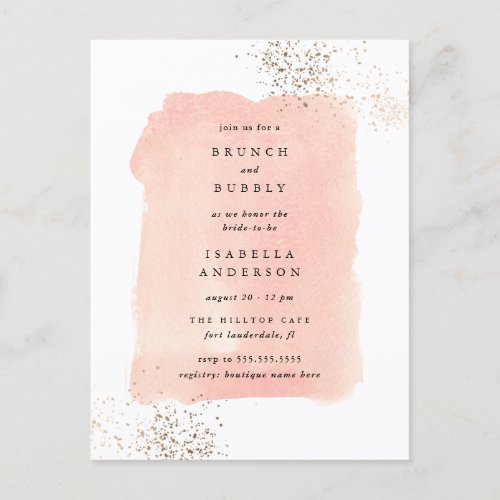 Blush Pink Watercolor Brunch Bubbly Bridal Shower Invitation Postcard