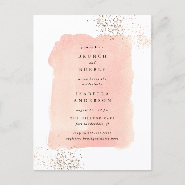 Blush Pink Watercolor Brunch Bubbly Bridal Shower Invitation Postcard (Front)