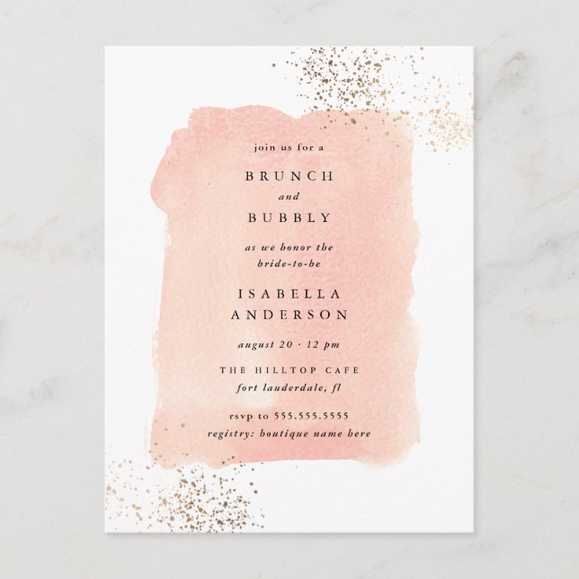 Blush Pink Watercolor Brunch Bubbly Bridal Shower Invitation Postcard (Front)