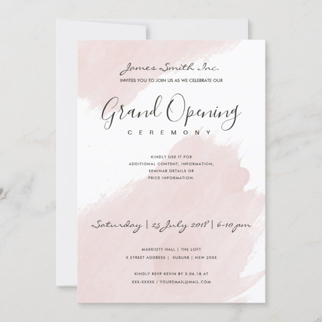 BLUSH PINK WATERCOLOR BRUSHSTROKE OPENING CEREMONY INVITATION (Front)