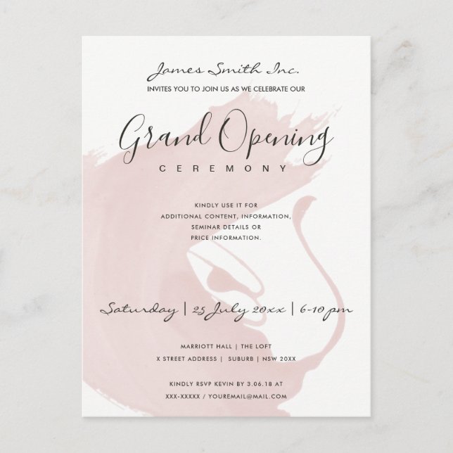 BLUSH PINK WATERCOLOR BRUSHSTROKE OPENING CEREMONY POSTCARD (Front)
