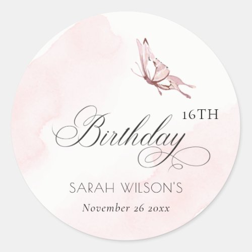 Blush Pink Watercolor Butterfly Any Age Birthday Classic Round Sticker