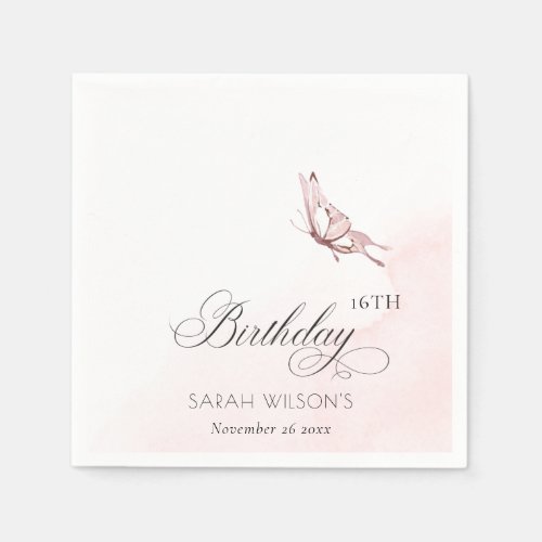 Blush Pink Watercolor Butterfly Any Age Birthday Napkins