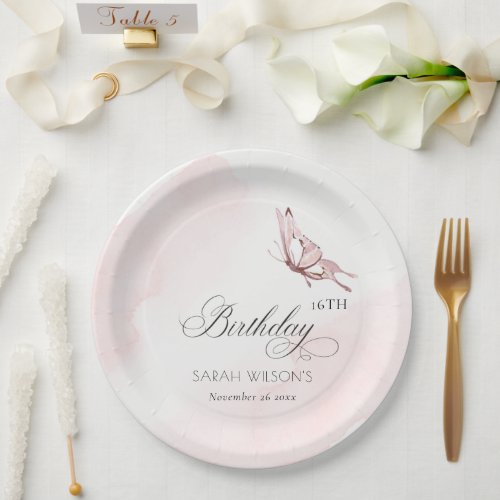 Blush Pink Watercolor Butterfly Any Age Birthday Paper Plates