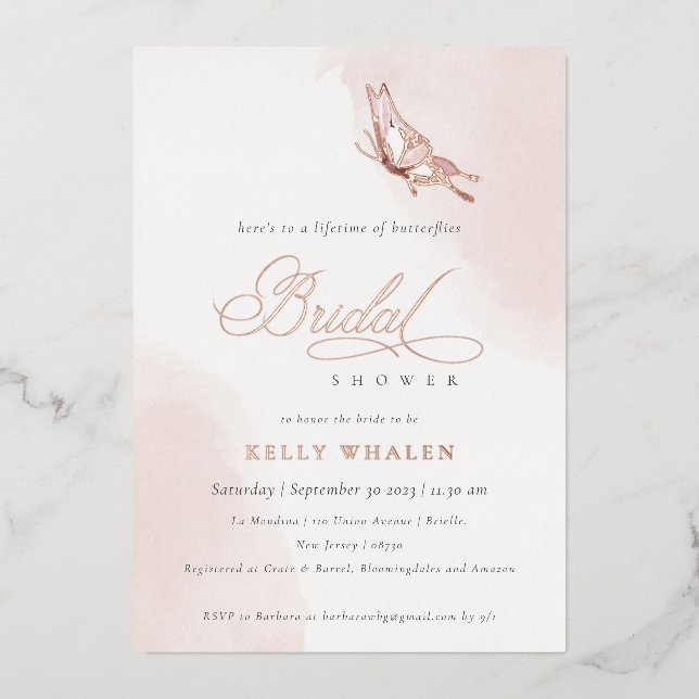 Blush Pink Watercolor Butterfly Bridal Shower  Foil Invitation (Front)